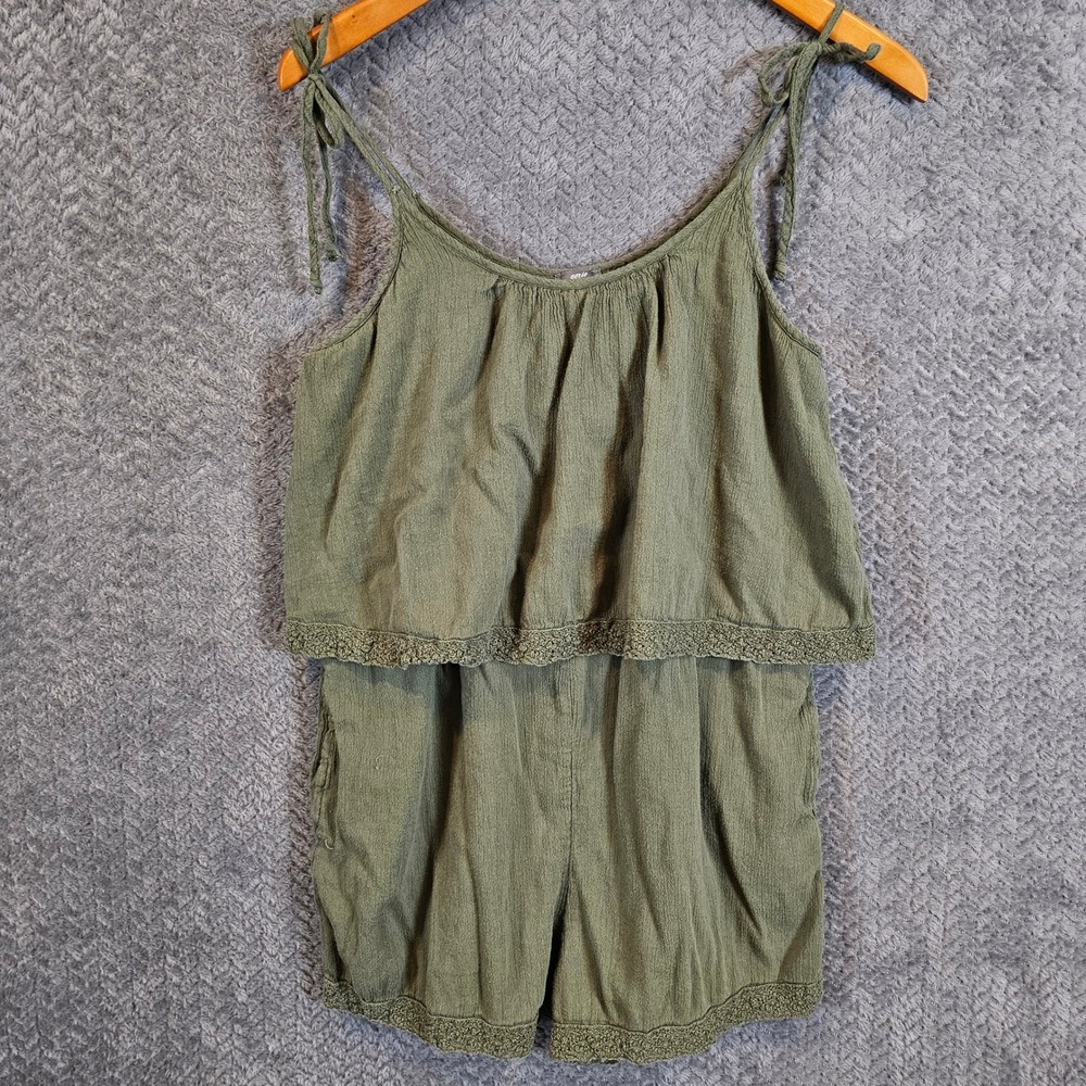 Aerie Womens Olive Green Boho Tiered Romper Lace Trim Tie Strap Size Medium